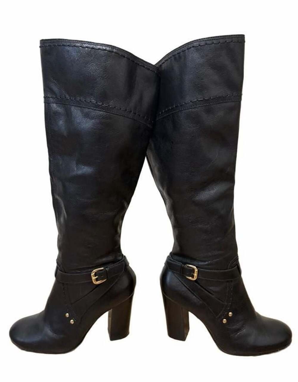 ALDO Black Leather Knee High Heeled Boots with Gold Buckle and Studs